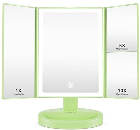 Auxmir Schminkspiegel mit Beleuchtung, 10X/5X/1X Kosmetikspiegel Vergrößerungsspiegel mit Licht & 3 Lichtfarben, Faltbar Spiegel mit Beleuchtung und Dimmbar LED Licht, USB Wiederaufladbar, Grün