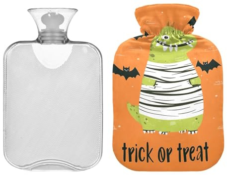 Divertente borsa dell'acqua calda con dinosauro verde di Halloween con copertura in velluto, borsa dell'acqua calda da 1 litro per impacchi caldi e freddi, scalda mani e piedi, ideale per impacchi