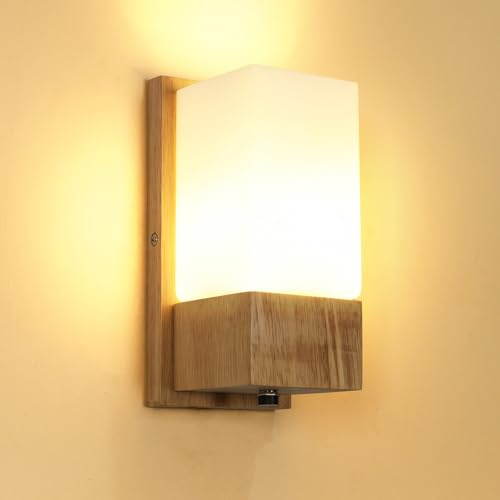 Pheashine Holz Wandleuchte Vintage mit Glas Lampenschirm | E27 Wandlampe Innen für Schlafzimmer, Wohnzimmer, Esszimmer und Flur im Vintage-Stil