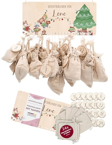 Kidsmood – Personalisierter Adventskalender 2025 aus Holz mit niedlichen Tiermotiven | Weihnachtskalender zum Befüllen mit Geschenktüten & Holzzahlen | Nachhaltige Weihnachtsdeko für Kinder & Familie