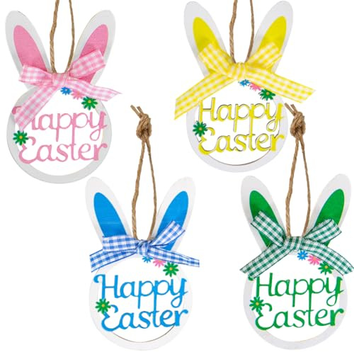 8 adornos colgantes de madera de conejo de Pascua, adornos de árbol con forma de conejo hueco, decoraciones colgantes de madera, manualidades con lazo y cuerda para niños, suministros de fiesta de