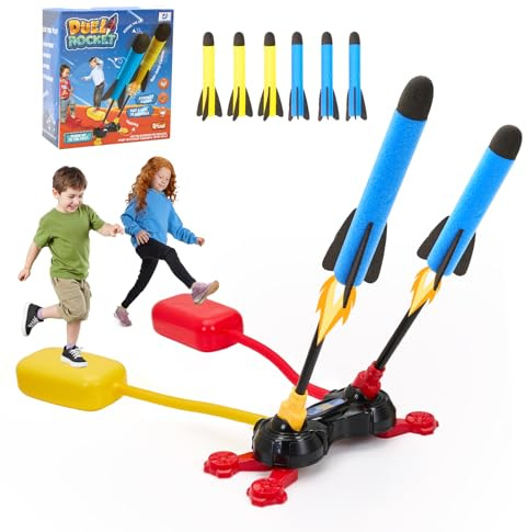 Qivange Raketen Spielzeug für Kinder, Outdoor Garten Spielzeug ab 3-12 Jahre Junge, Doppelluft Raketenwerfer mit 6Pcs Rocket für Kinder Geburtstag Weihnachten Geschenke
