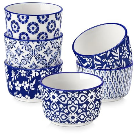 vancasso SELENE Moldes para Soufflé, 6 x 120ml Ramequines de Porcelana, Moldes para Tartas, Mini Cuencos para Aperitivos, Apto para Lavavajillas y Horno, Ø8 cm, Estilo Chino en Azul y Blanco