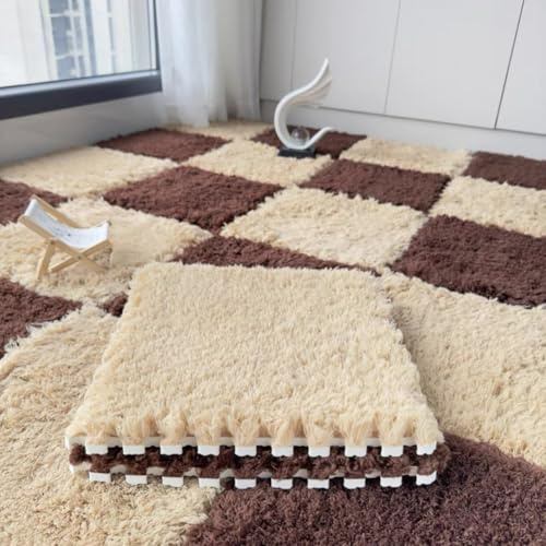 Lot de 10 tapis carrés en peluche emboîtables doux et moelleux pour chambre à coucher - 30 x 30 x 1 cm (café kaki)