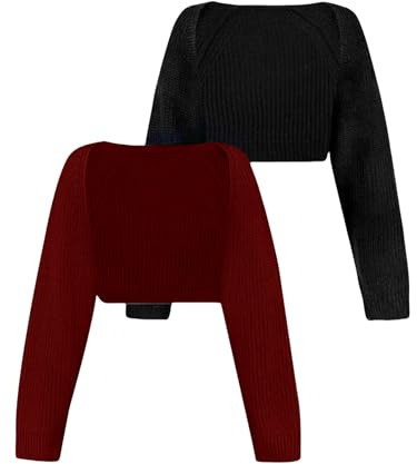 Bolero Damen,2 Stück Bolero Shrug Langärmelig Strickschal Strickjacke Vorne Offen Pullover Lässig Elegant Kurze Jacken Überzug für Abendkleid Frühlings und Sommeroberteile Schwarz + Rot Größe S