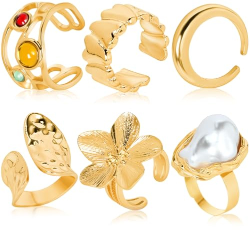 CHONGQILAO Lot de Bague Or, 6 Pièces Épaisses en Or, Baroque Perle, Réglable, Ouverte, Vintage Empilables, Grosse Ajustable, Fleur Or Femme