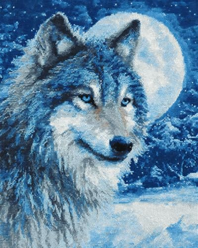 AxiangziK Tier Diy Knüpfteppich Zum Selber Knüpfen Wolf Und Mond Knüpfteppich-Sets Für Anfänger，Diy-Handarbeit，Häkelteppich-Set，Heimdekoration 52x38cm