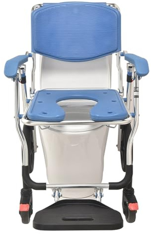 3 in 1 Dusch-Toilettenstuhl mit Rollen Klappbar, Rollstuhl für Behinderte und Senioren, Armlehne & Rückenlehne Wasserdichtes Stuhl, Bis 120kg (Big Blue)