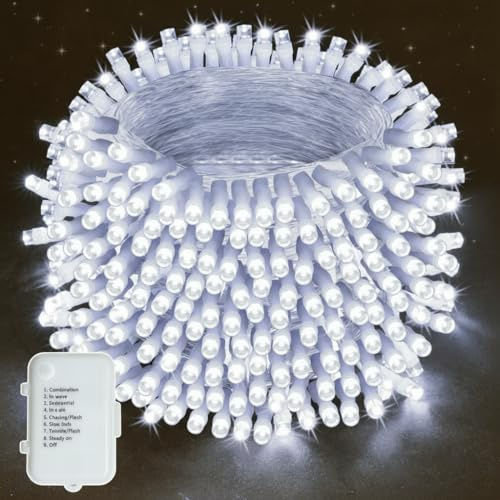 Lighprenix Christmas Tree Lights Outdoor - 20m 200LEDs Xmas Fairy Lights Battery Operated with 8 Modes Timer, IP44 Waterproof Battery Powered String Lights for Outdoor/Indoor/Garden/Tree(Cool White)