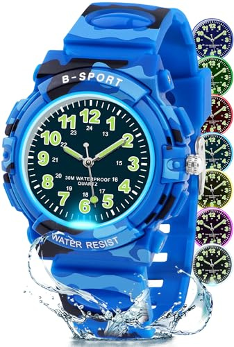 DTKID Montre Enfant Garçons et Filles, 7 Lumières Colorées Montre Enfant Analogique Quartz, Étanche 30M, Adaptée aux Enfants de 5 à 15 Ans
