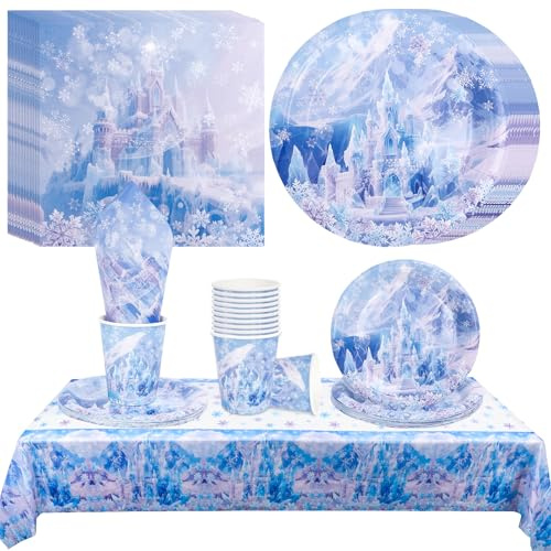 53 Frozen Geburtstagsdeko Partygeschirr Set,Schneeschloss Kindergeburtstag Deko Pappteller Tischdecke Tassen Servietten für 16 Gäste,Eisprinzessin Party Geschirr für Mädchen Geburtstag Tischdeko