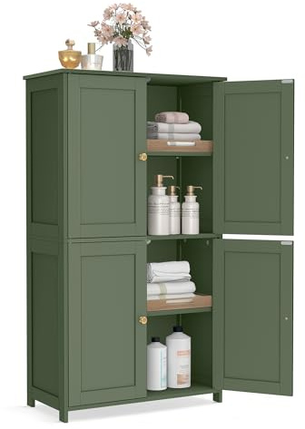VASAGLE Mobiletto da Bagno, Armadietto con 2 Ripiani Regolabili, Portaoggetti con 4 Ante, Unità Alta Autoportante, per Cucina, Verde Foresta BBC553CH01