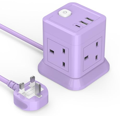 Extension Lead Cube with USB, BEVA 4 Way Power Strip with 3 USB Ports, Desktop Power Extension Socket with 1.5M Extension Cable Cords for Home Dorm Office Travel-Purple