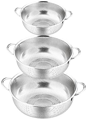 16.5cm 19.5cm 22.5cm 3pcs Stainless Steel Mesh Colander Set Hole Washing Rice Sieve Drain Basin Countertop Heat Copper (Silver, One Size)