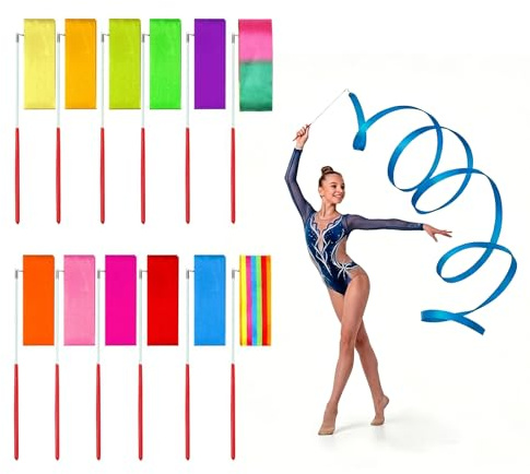 Kinesgsg 12 Stück Gymnastikband, Tanzband Seidenmaterial, 200 × 4.5cm Gymnastik Band, Tanzbänder, Mehrfarbig Gymnastikband, Schwungband mit Stab, Ideal für Tanzaufführungen und Training