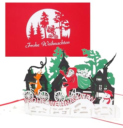 3D Weihnachtskarte Weihnachtsmann & Rentier - lustige Pop Up Karte zu Weihnachten als Weihnachtskarten mit Umschlag, Geschenkverpackung & Gutschein