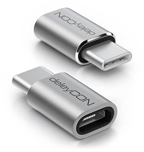 deleyCON 2 Stycken USB-C-Adapter Tillverkad av Aluminium - Micro USB-Uttag till USB C-Kontakt - för Laddning och Synkronisering för Apple Samsung Google Huawei Xiaomi Mobiltelefon Smartphone - Silver