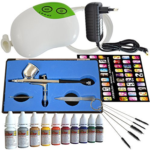 AirBrush Kompressor Set Carry III-mit Airbrushpistole und Nailart Farben Set und Schablonen - Airbrush Kompressor für Airbrushfarben Airbrushpistole Single-Action-Gun 207 D 0,3 Düse