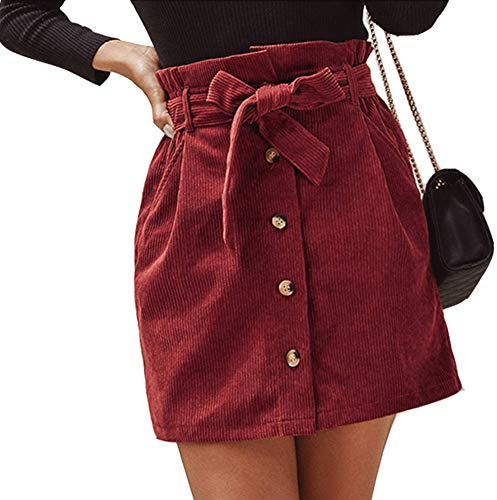 Susupeng Women Paperbag High Waist Elastic Belted Corduroy Button Front with Pockets Short Mini Skirt(X-Large, WineRed)