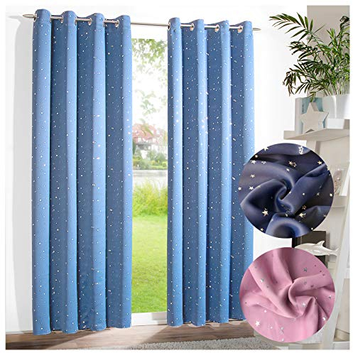 heimtexland ® Verdunklungsvorhang Dekoschal Blickdicht Kinder Gardine Sterne Silber Hellblau Ösenschal HxB 160x135 Typ639