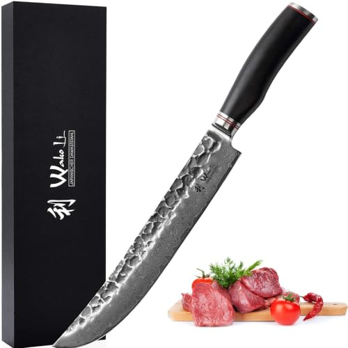 Wakoli EBO Damastmesser, Tranchiermesser, 25 cm Klinge mit VG10-Stahlkern | 67 Lagen Damaststahl, Hammerschlag, schwarzer Eichenholzgriff, beidseitiger 15° V-Schliff, für Fleisch, inklusive Geschenkbox