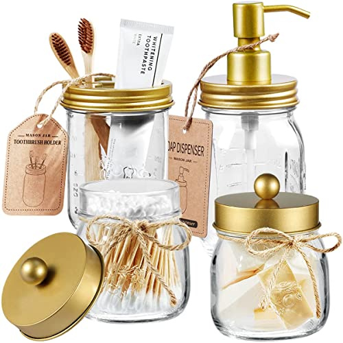 Amolliar Mason Jar Bathroom Accessories Set(4 Pcs) -Lotion Soap Dispenser & 2 Cotton Swab Holder & Toothbrush Holder-Rustic Farmhouse Decor, Countertop Vanity Organize, Bathroom Home Decor (Gold)