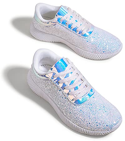 BELOS Women's Glitter Shoes Sparkly Lightweight Metallic Sequins Tennis Shoes(9B(M) US, White)