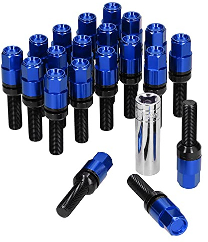 EVGATSAUTO 20 Stück Radverlängerungsmuttern M14x1.5 28mm Stahl Verlängerte Radschrauben mit Hülse Universal für Auto Blau