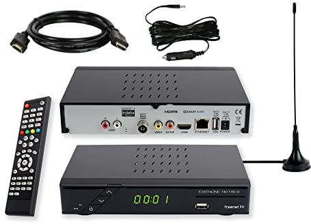 Set-ONE EasyOne 740 DVBT2 Receiver Bundle mit passiver DVBT2 Antenne, DVB-T2 Receiver mit Aufnahmefunktion und Dolby Digital Plus, 12V-Netzteil & Zigarettenanzünder-Kabel, Ideal für Camping