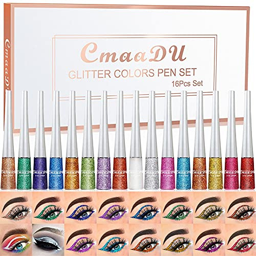 Allbestaye 16 Farben Liquid Glitter Eyeliner Set, Metallic Shimmer Lidschatten, Wasserfester, langanhaltender, hochpigmentierter, funkelnder silberner Eyeliner-Kit für Party-Festival-Make-up