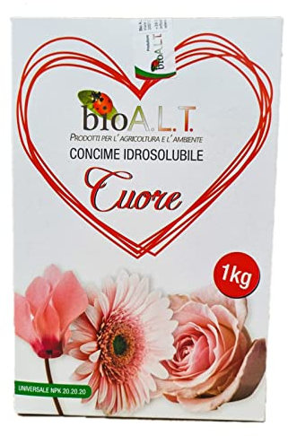 Concime Cuore per Fiori Idrosolubile Universale Npk 20.20.20 con Aggiunta di Elementi Chelati per un Maggiore Vigore Vegetativo e una Crescita Armoniosa delle Piante in Vaso Giardino Balcone Orto 1kg