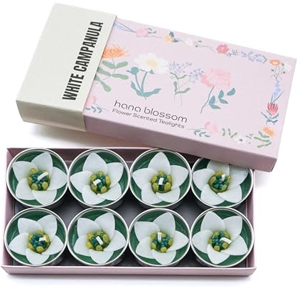 8 Handmade White Campanula Scented Tealights Scented with Neroli Essential Oil in a Botanical Gift Box