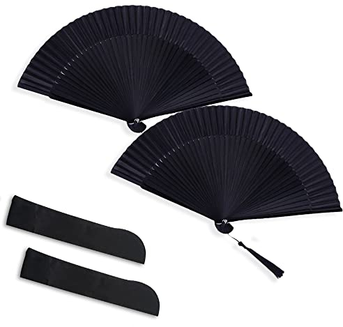 2 Pezzi Ventilatore a Mano Nero Ventilatore Pieghevole Portatile Mano Ventaglio Pieghevole Cinese Ventilatore in Stoffa Orientale per Ballo, Festa, Regali di Nozze