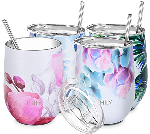 THILY Stiellose Weinbecher aus Edelstahl 4er Pack vakuumisolierte Reise-Weingläser mit Schiebedeckel und Strohhalm, 12 oz, kalt halten für Saft, Kaffee, Bier, Blumenserie