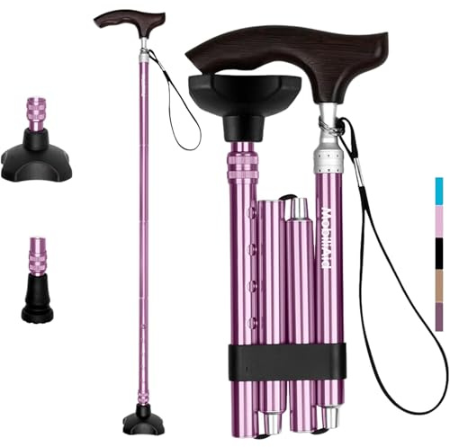 Walking Sticks for Seniors w/Wooden Handle, Lightweight Collapsible & Foldable Walking Canes for Men Women, Heavy Duty Adjustable Length Mobility Aids for Walking, w/Extra Tip & Carry Bag - Pink