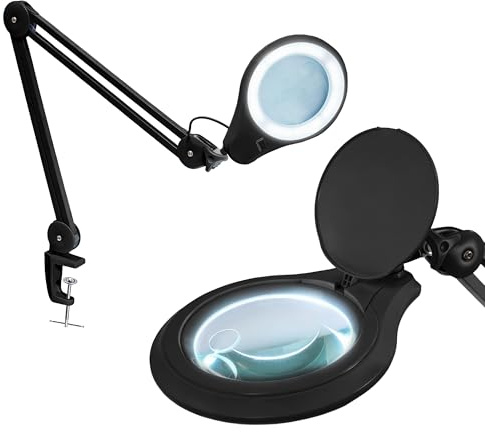 Neatfi Lámpara Lupa LED Bifocal con abrazadera – 1.200 lúmenes, lente de 13 cm, regulable braz, 60 LED SMD, perfecta para manualidades, lectura, joyería y bordado (8 Dioptrías + 20 Dioptrías, Negro)
