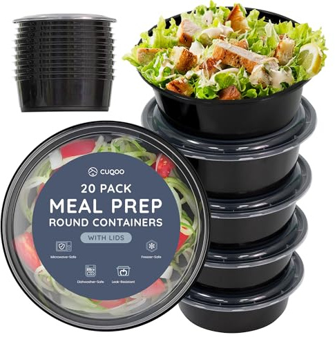 CUQOO Meal Prep Containers 20 Pack | Food Prep Containers Reusable - Lids | STACKABLE ROUND DESIGN: microwave safe · BPA-free · airtight · freezer tubs · portion control · leakproof · plastic storage