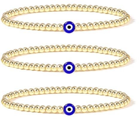 Genkigold Evil Eye Luck Bracelet,Exquisite 18k Real Gold Plated Beaded Bracelet with Blue Eye Bead - Stretch Bracelet Gift for Bestfriends, Couples, Family Members, Siblings, Sisters, and Lovers