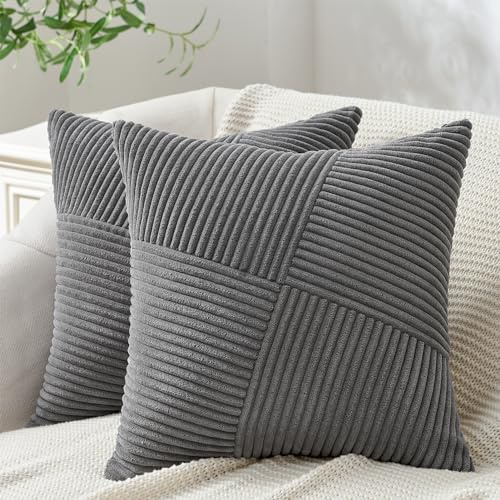 Topfinel 2er Set Kissenbezug 50x50 dunkle grau Kordsamt Kissenbezüge Kissenhülle Windmühle Patchwork Euro Design sofakissen dekokissen deko für Sofa Schlafzimmer Wohnzimmer Balkon Kinder flauschig