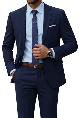 Hihawk Men's 2 Piece Slim Fit Suit with Stretch Fabric, Solid 2-Button Notch Lapel Blazer Jacket Vest Pants Set with Tie Deep Blue