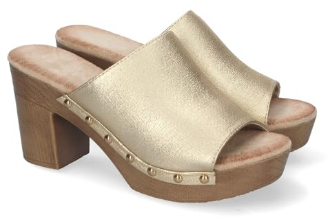 shoes&blues.es Zoccolo da donna con tacco alto, comodo, materiale imitazione legno, pala liscia con borchie e Talon aperto., oro, 36 EU