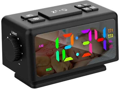DollaTek Reloj despertador digital RGB Radio FM Reloj despertador con 2 puertos USB Máquinas de sonido para dormir con temporizador de repetición