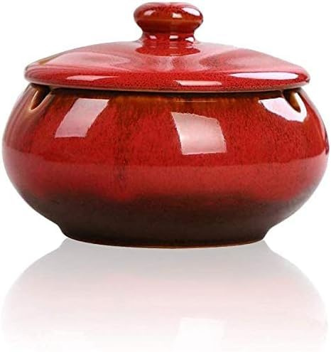 Keramik-Aschenbecher mit Deckel,Aschenbecher für den Innen- oder Außenbereich,Retro windaschenbecher Handgemachte Kreativer Sturmaschenbecher als Dekoration für Zuhause und Büro (Rot)