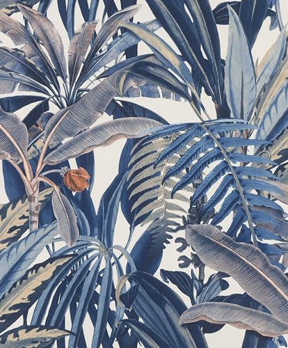 Rasch Wallpaeten 689501 - Carta da parati in tessuto non tessuto con foglie esotiche in blu e grigio della collezione Symphony, 10,05 m x 0,53 m (lunghezza x larghezza)