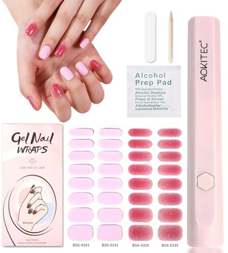 Aokitec Nagelfolie UV Härtend mit UV Lampe, 2x16 Stück UV Nagelfolie【Genießen Sie Schönheit &schützen Sie natürliche Nägel】Langlebige Nagelfolie Selbstklebend Gel Strips für DIY Nail Art, Glitzer Rosa
