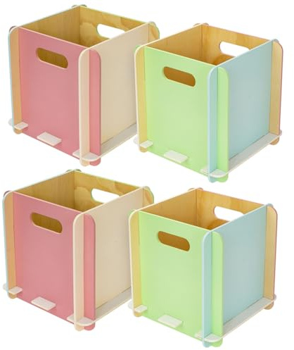 HMF Aufbewahrungsbox aus Holz zum Zusammenstecken | 4er Set | passend für Bücherregale | 25 x 25 x 25 cm | Mehrfarbig