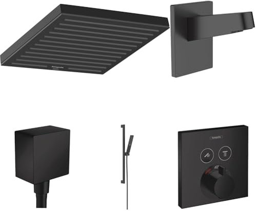 hansgrohe Pulsify E - wassersparendes Duschsystem Unterputz mit ShowerSelect Thermostat, Kopfbrause, Handbrause, Duschschlauch, Duschstange, Duschkopfhalterung und Schlauchanschluss, Mattschwarz