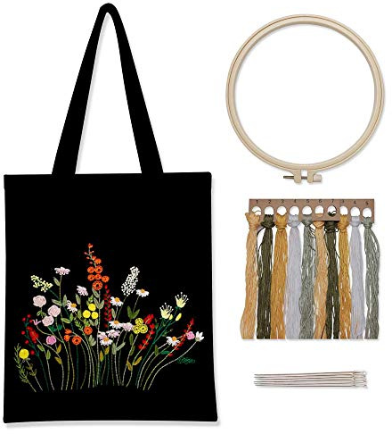 Cachpib Sticken Set Erwachsene, Sticken Canvas Tragetasche Set, Sticken Set für Anfänger, Kreuzstich Set mit Blumenmuster Stickrahmen Farbfäden und Werkzeug