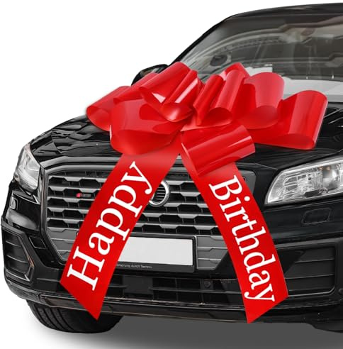 Große Schleife für Auto 30 Zoll, Geschenkschleife Groß Happy Birthday - Rot | Riesige Autoschleife für Geburtstagsgeschenk & Fahrzeugübergabe