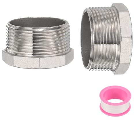 sourcing map 2 Pcs 304 Stainless Steel Reducer Hex Bushing G1-1/2 Male x G1/2 Female Threaded Reducing Pipe Adapter Fitting with PTFE Tape for Plumbing, Fuel Lines, and Pneumatic Systems